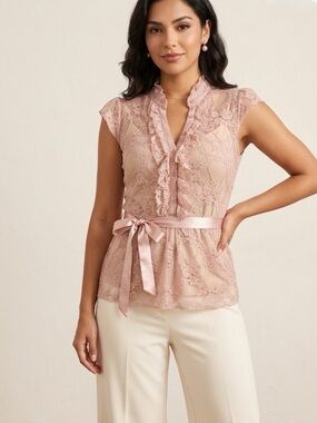 Papaya Blush Lace Ruffle Cap-Sleeve Top with Satin Waist Tie
